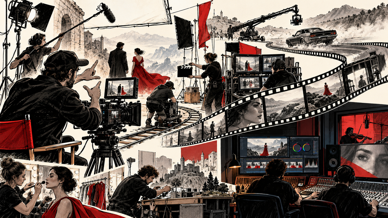 Film Terminology Explained: A Practical Glossary for Beginners — a cinematic shot travelling through illustrated production and editing departments