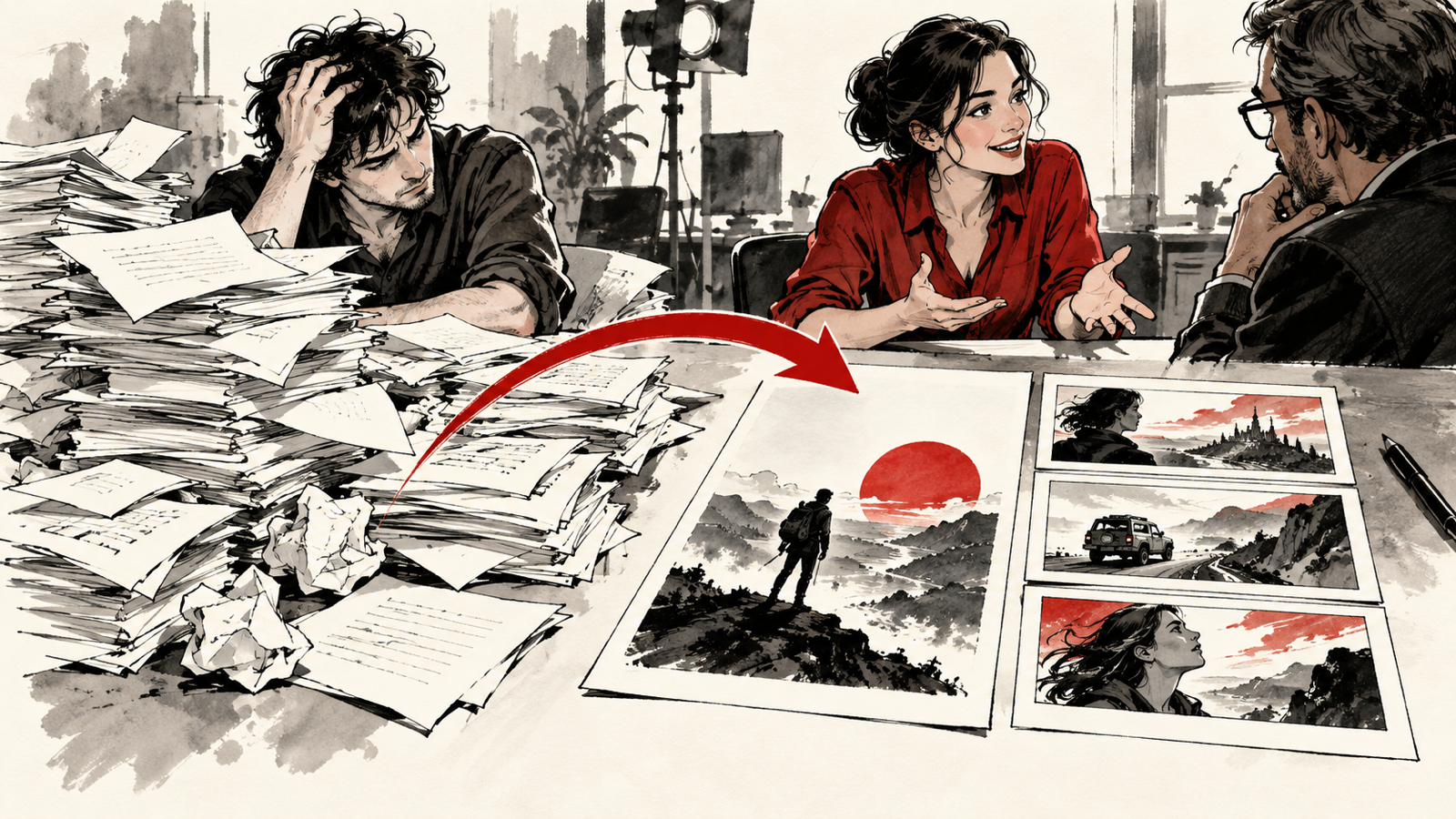 How to Pitch a Film to a Producer: 20 Preparation Tips — a messy stack of script pages becoming a focused one page pitch and three storyboard cards