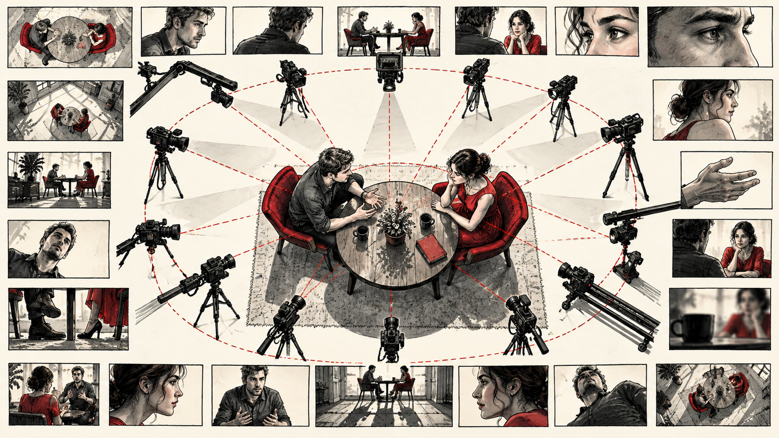 50 Camera Shots, Movements and Editing Techniques Explained — overhead view of a conversation with camera positions and connecting sight lines