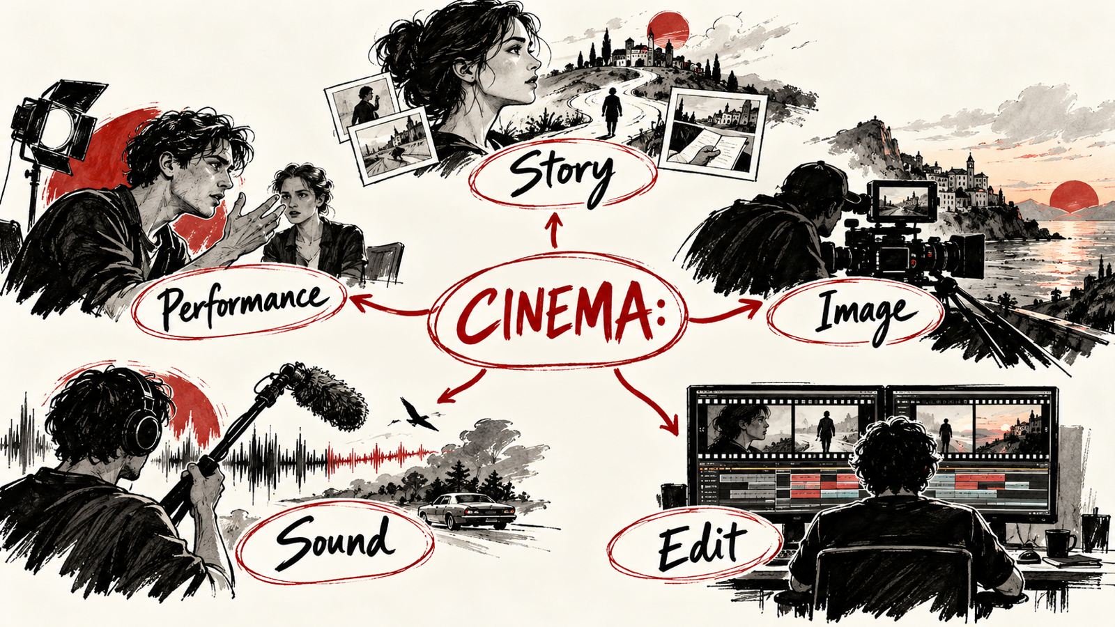 How Filmmaking Works: Story, Camera, Sound and Editing — handwritten concept map