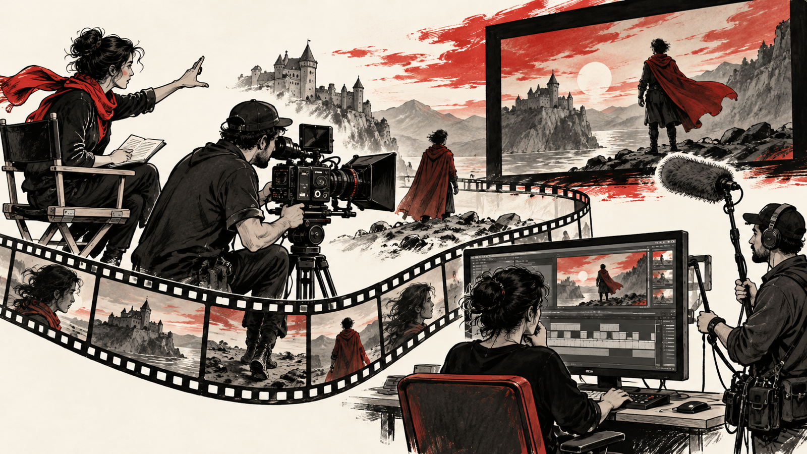 How Filmmaking Works: Story, Camera, Sound and Editing — a team of director camera operator editor and sound artist making one film together