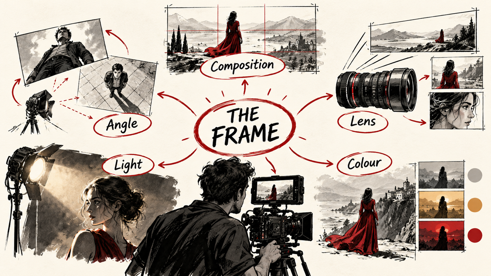 Cinematography for Beginners: How to Build a Purposeful Frame — handwritten concept map