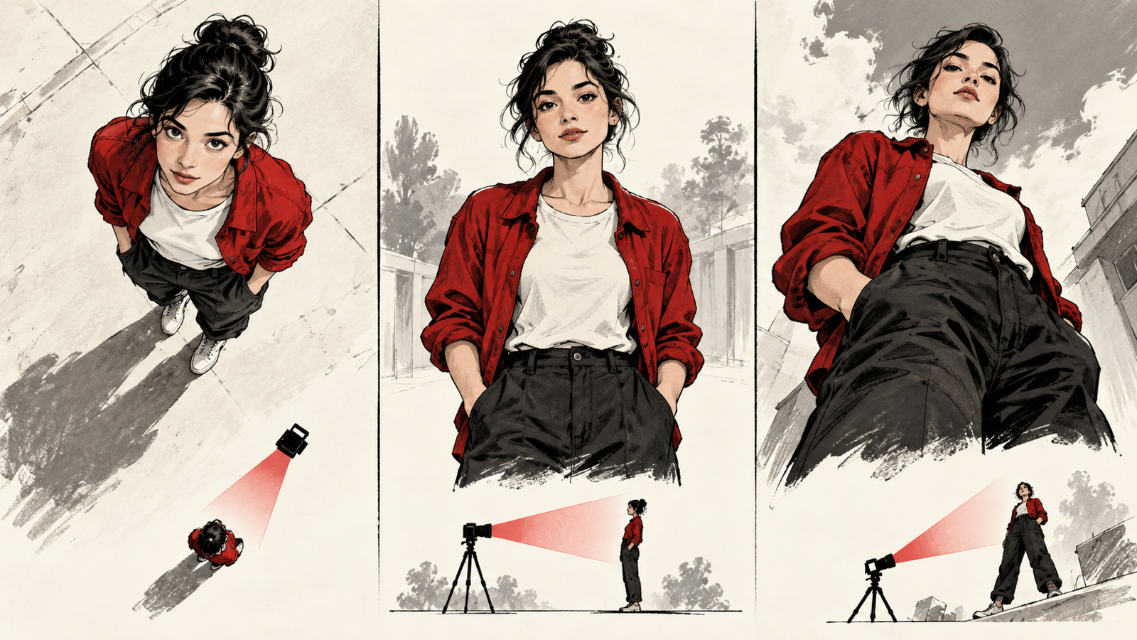 Cinematography for Beginners: How to Build a Purposeful Frame — same fictional figure drawn in three panels from high eye level and low camera angles