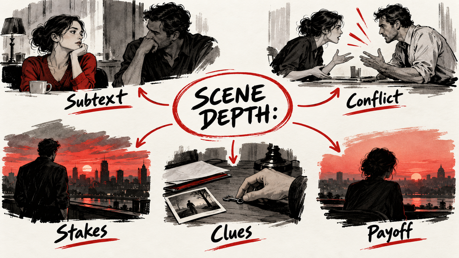 How to Write Subtext, Plot Twists and Stronger Story Conflict — handwritten concept map
