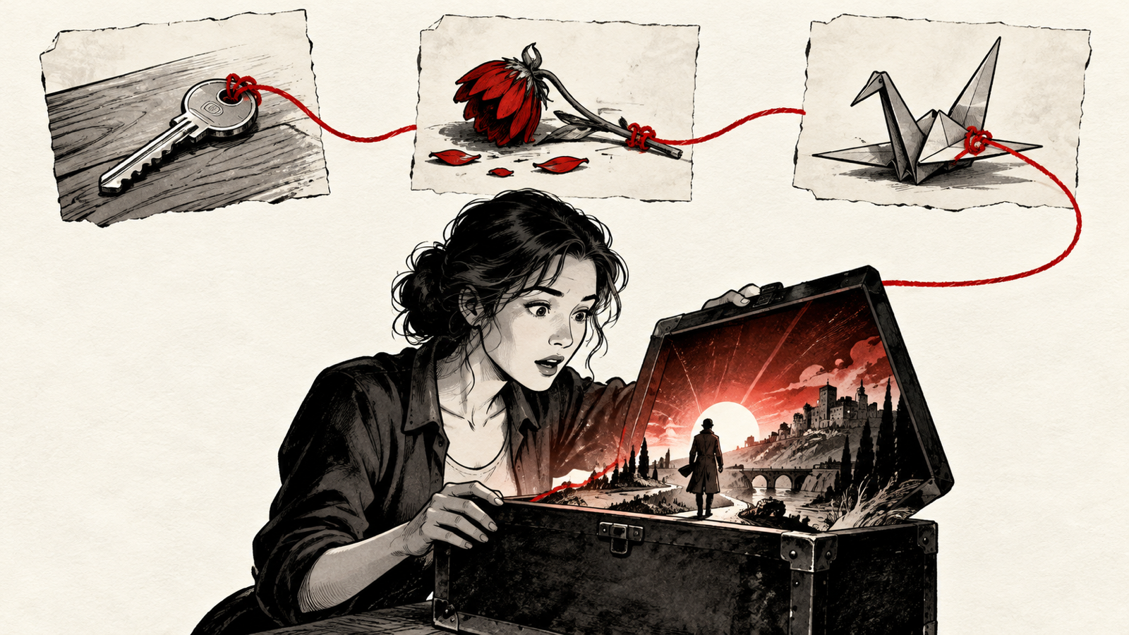 How to Write Subtext, Plot Twists and Stronger Story Conflict — three small clue objects connected by red thread leading to one surprising reveal