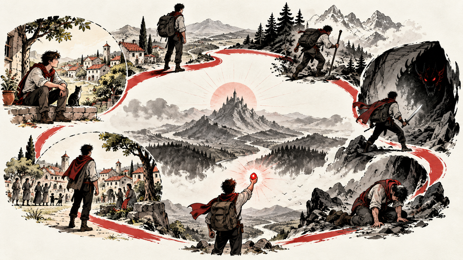 Screenplay Structure Explained: Three Acts, Story Beats and Character Change — circular eight stage journey drawn as a path with ordinary world need search cost return change