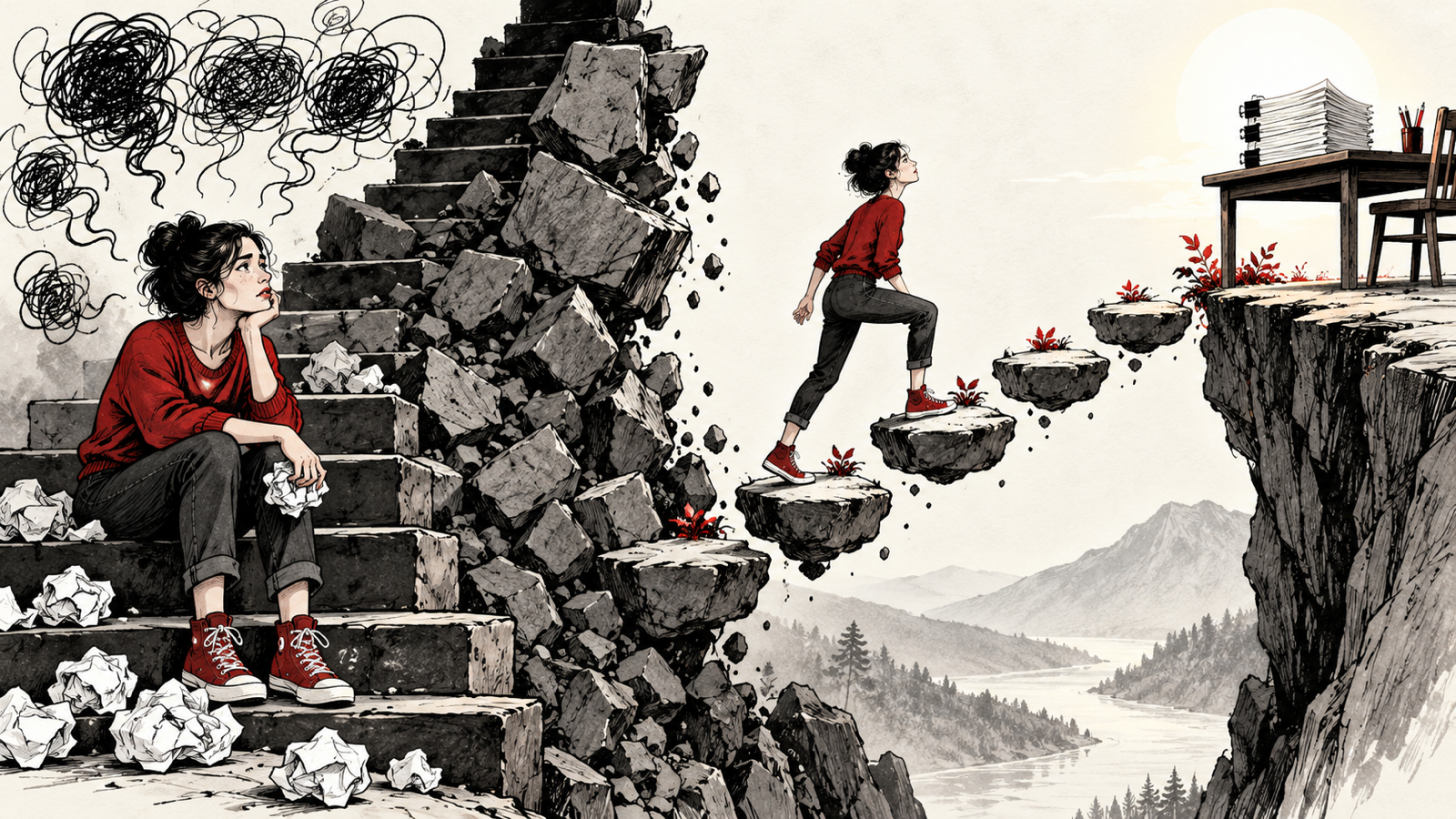 How to Overcome Screenwriter’s Block with Five AI Exercises — blocked staircase transformed into manageable small stepping stones toward a screenplay