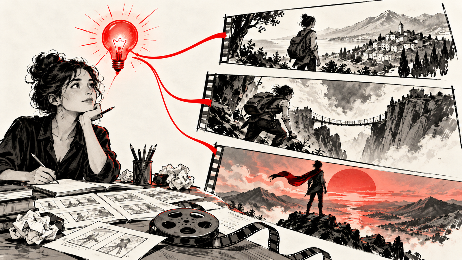 How to Turn a Story Idea into a Complete Movie Outline — one glowing red idea branching into opening midpoint and climax storyboard scenes
