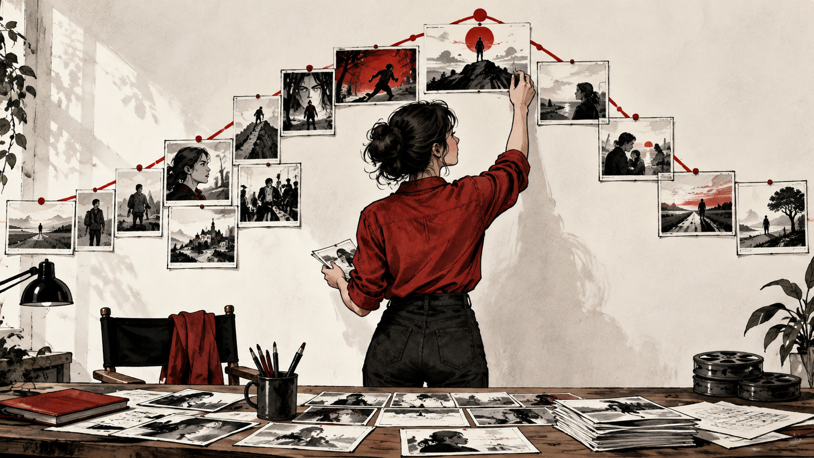 How to Turn a Story Idea into a Complete Movie Outline — writer connecting scene cards on wall into an arc with rising pressure and resolution