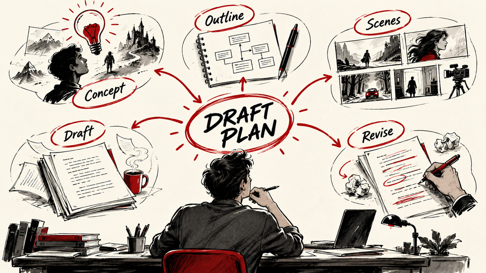 A 14-Day Screenplay Drafting Plan: From Idea to Revision — handwritten concept map