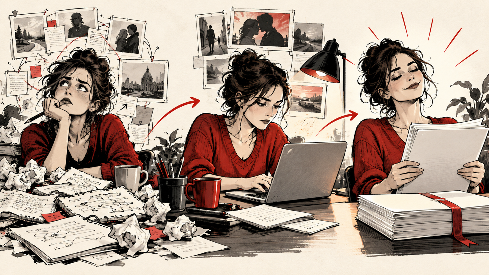 A 14-Day Screenplay Drafting Plan: From Idea to Revision — desk showing three distinct stages rough notes active writing and final polished screenplay