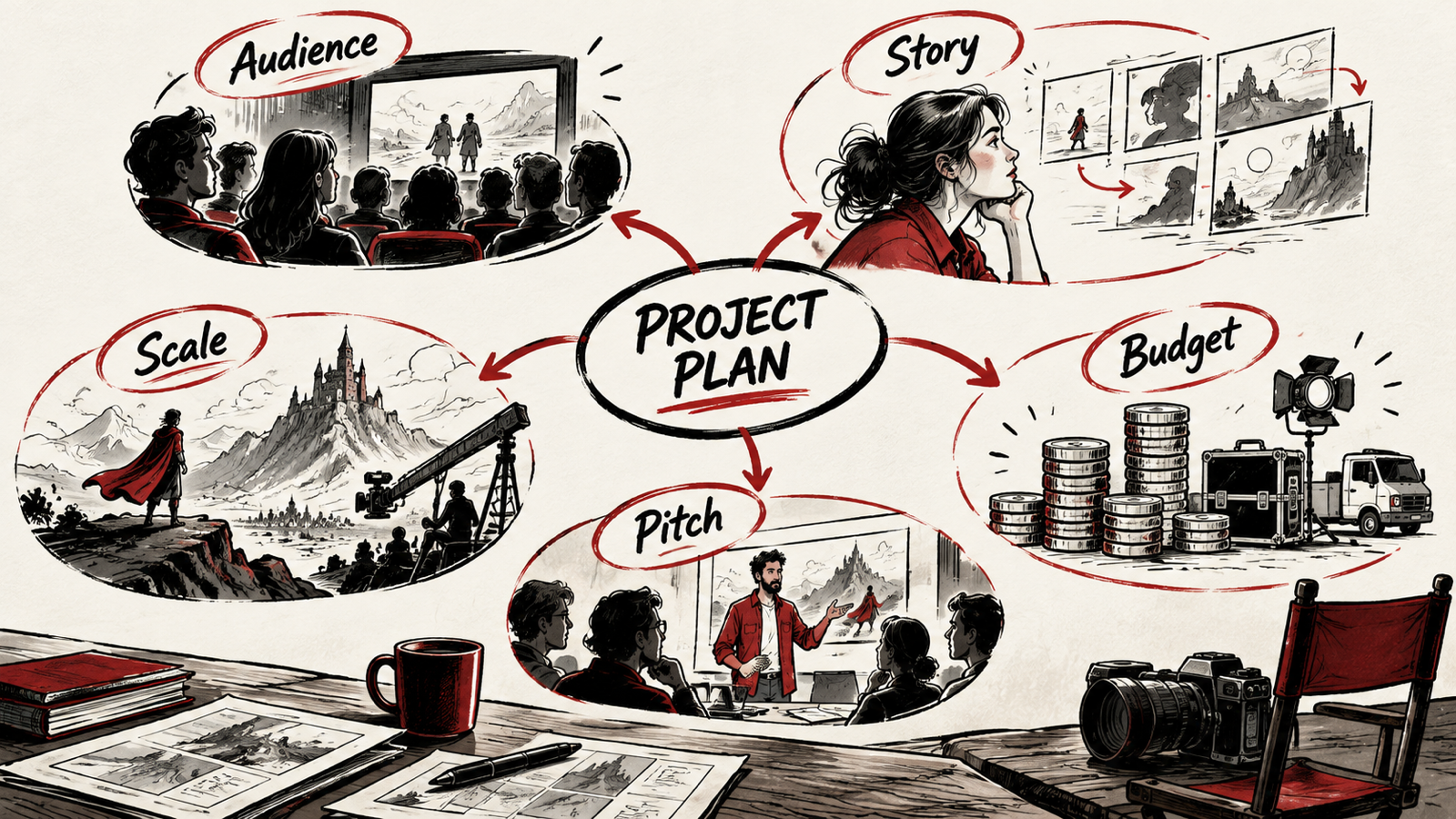 How to Develop a Commercial Film with a Credible Production Plan — handwritten concept map