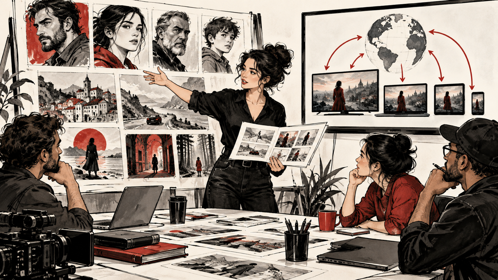 How to Prepare a Film or Series Pitch for OTT Platforms — writer presenting screenplay character portraits and visual world to a small production team