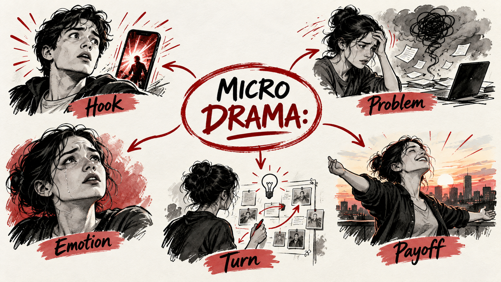 How to Write a Two-Minute Micro Drama: Hooks, Emotion and Payoff — handwritten concept map
