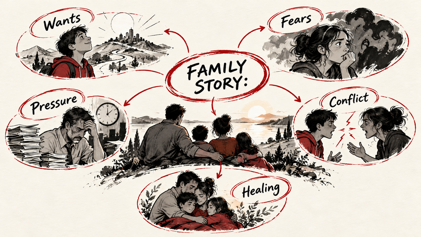 How to Write a Family Drama: Conflict, Subtext and Emotional Payoff — handwritten concept map
