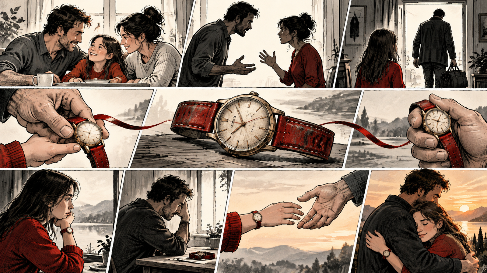 How to Write a Family Drama: Conflict, Subtext and Emotional Payoff — an old red watch shown across beginning separation and reconciliation storyboard panels