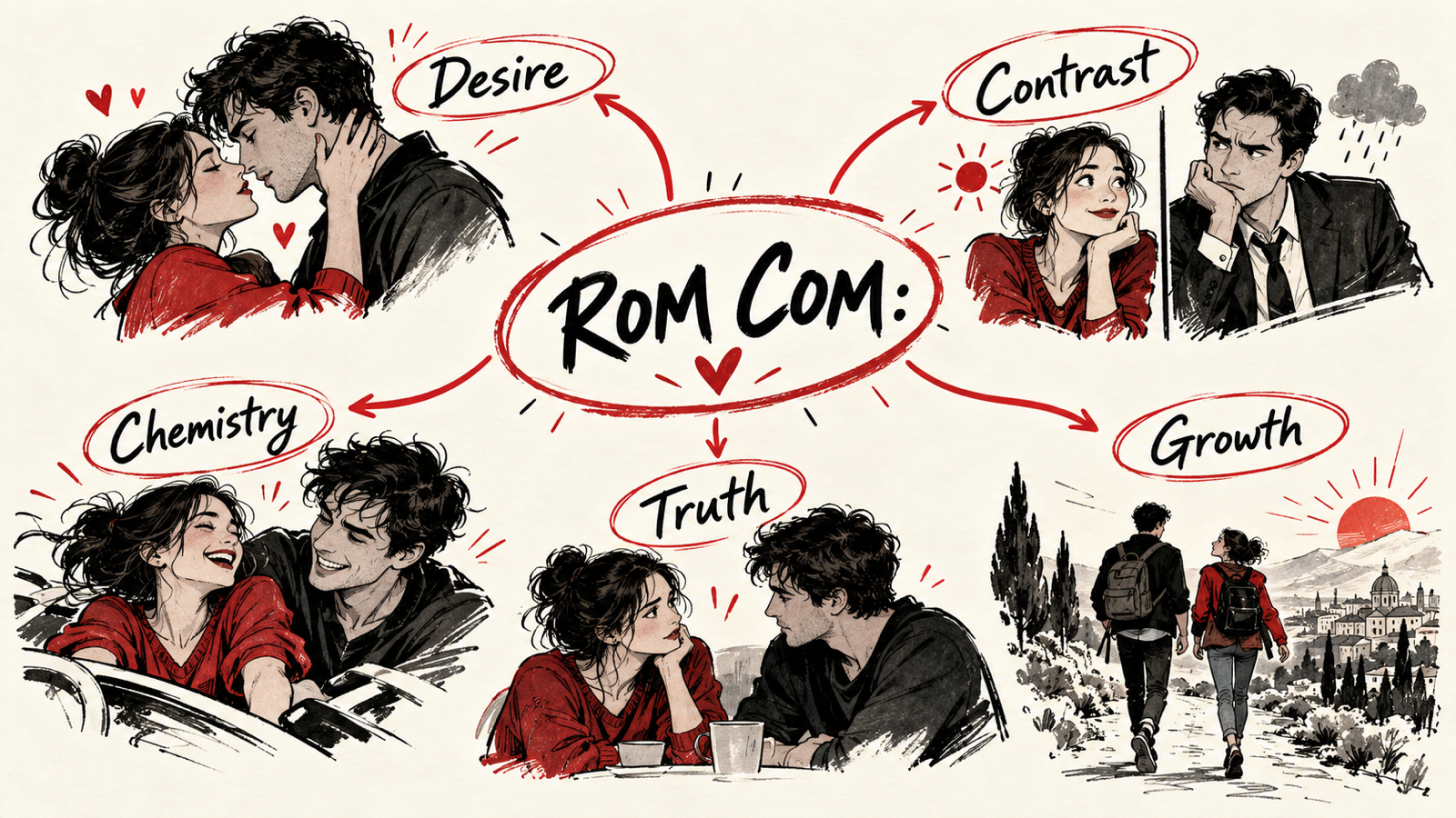 How to Write a Romantic Comedy: Chemistry, Conflict and an Earned Ending — handwritten concept map