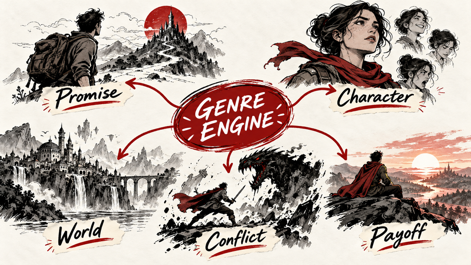 How to Write Different Film Genres: Seven Story Development Frameworks — handwritten concept map