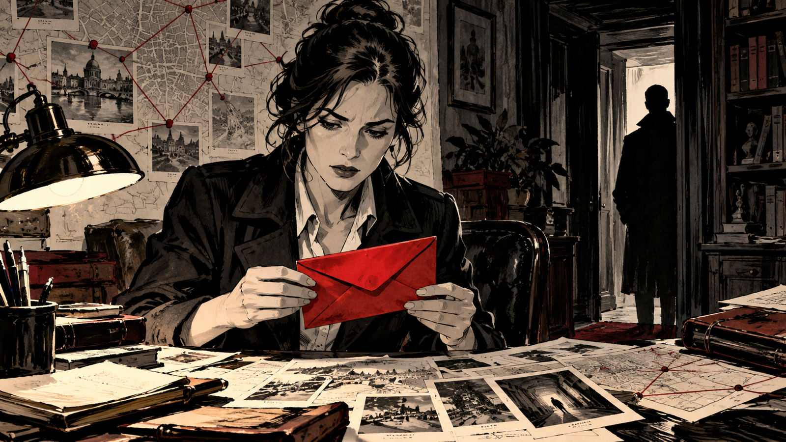 How to Write a Thriller: Secrets, Suspense and Fair Plot Twists — fictional investigator discovering a red envelope while an unseen silhouette watches through doorway