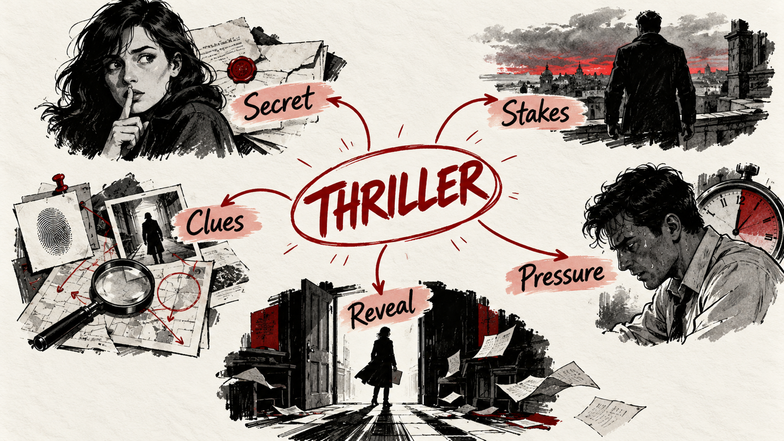How to Write a Thriller: Secrets, Suspense and Fair Plot Twists — handwritten concept map