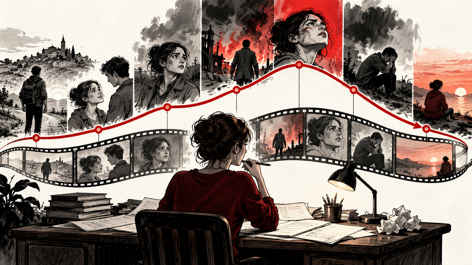How to Plan a Two-Hour Screenplay: Acts, Beats and Pacing — a red tension curve passing through several illustrated dramatic scenes and an earned ending