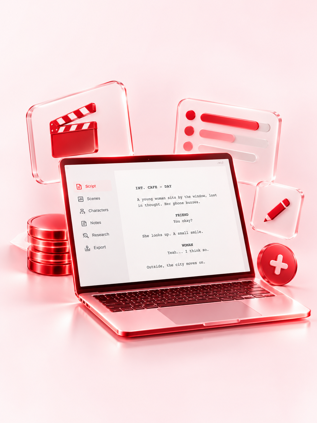 A screenplay editor open on a laptop in a warm filmmaker's studio