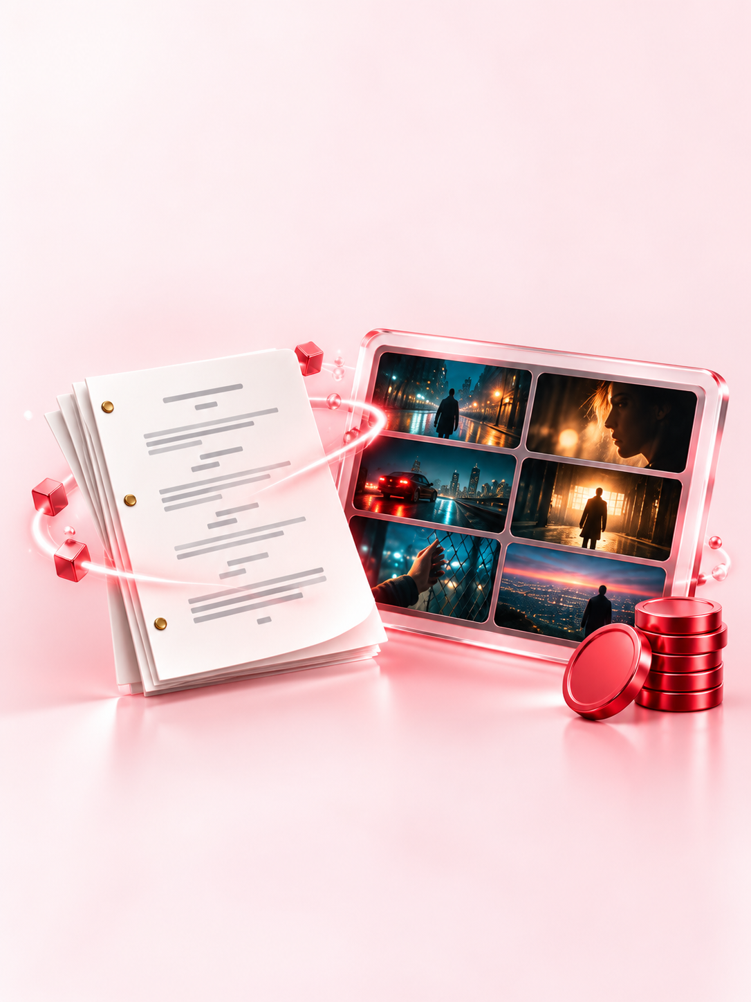 A screenplay transforming into a cinematic storyboard with credit tokens